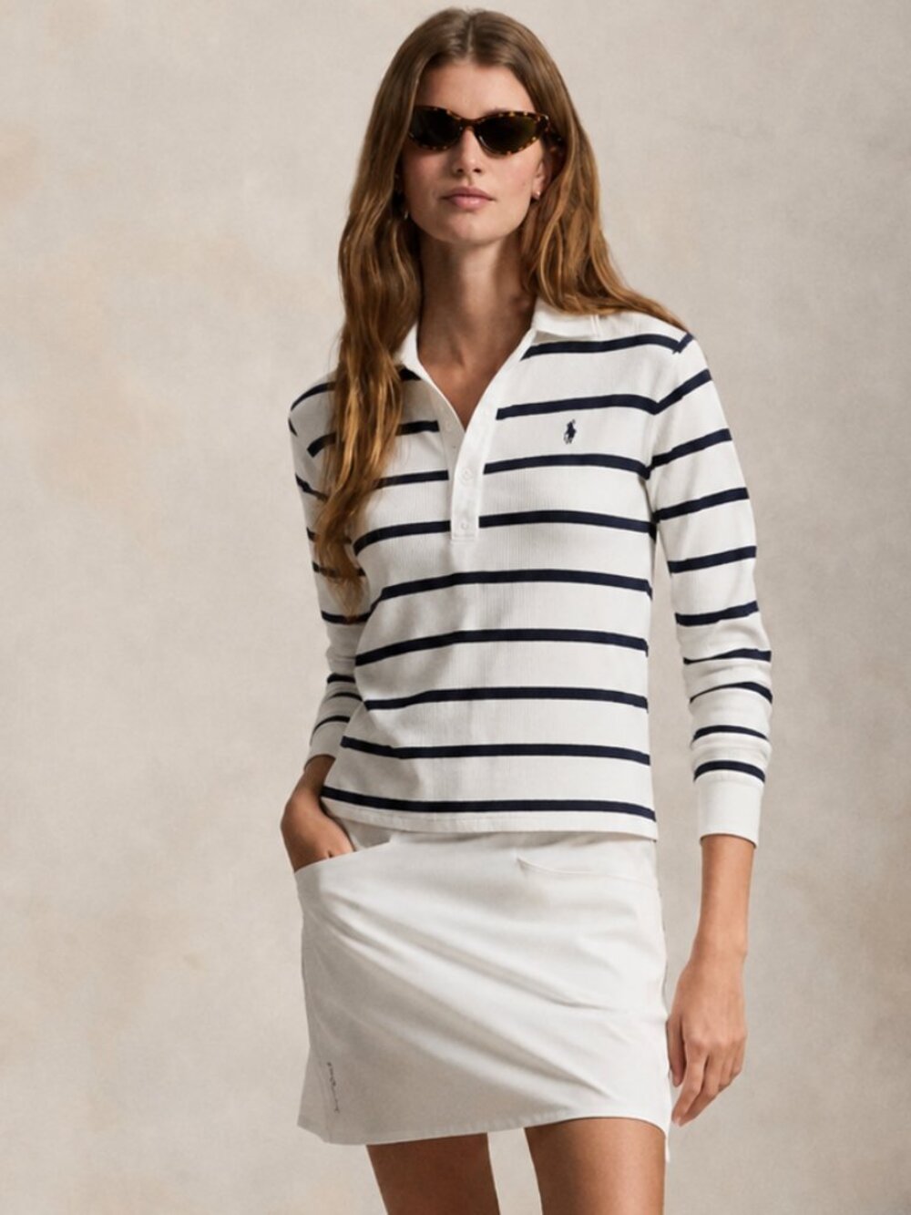Polo Ralph Lauren Sport Cream Navy Stripe Long Sleeve Polo Top Small - Picture 2 of 9